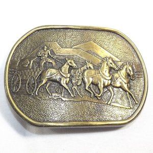 Vintage GULF Covered Wagon with Horse Team Belt Buckle